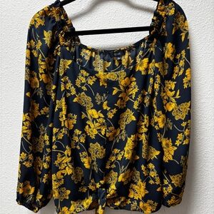 Navy & Yellow Floral Front Tie Blouse